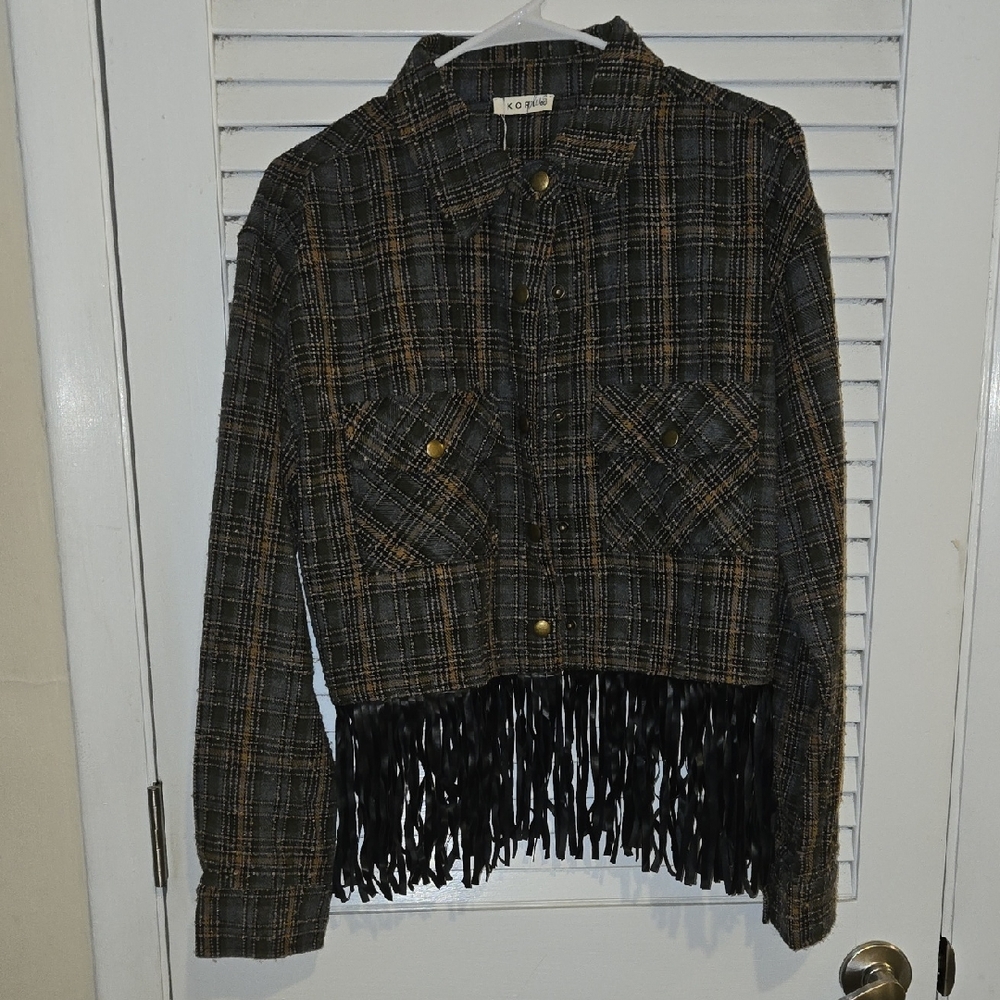 NWT Kori Black and Brown Plaid Fringe Jean Jacket